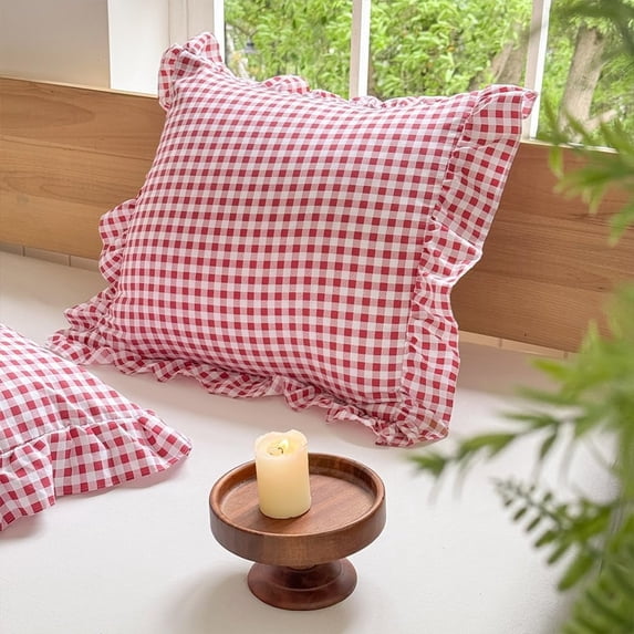 Red Ruffled Plaid Gingham Pillow Shams 20"x20", Set of 2 Checked Pre-Washed Microfiber Farmhouse Pillowcases for Bed/Sofa (20"x20", Red Gingham)
