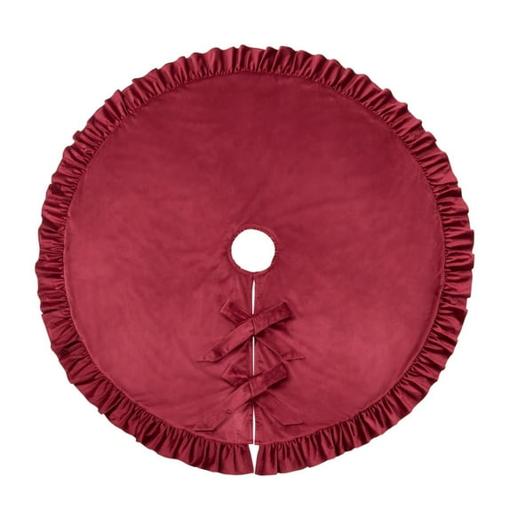 Red Ruffled Velvet Christmas Tree Skirt – 60in Elegant Holiday Tree Base Cover with Soft Fabric & Ties, Full Coverage for Gifts, Traditional & Modern Xmas Décor