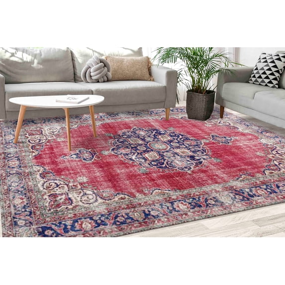 Red Rug, Navy Blue Rug, Ethnic Pattern Rug, Antique Decor Rug, Turkish Rug, Non Slip Rug, Accent Rug, Area Rug, Thin Rug, Home Decor Rug, 5.9'x9.2' - 180x280 cm