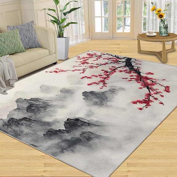 Red Rug, Rugs for Bathroom, White Flowers Rug - Home Decor, Simple Petals Area Rug, Spreading Branches Rugs for Bedroom, Oriental Carpet, Fashion Mat 4 x 5ft