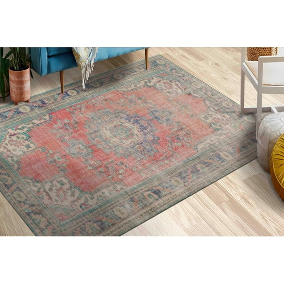 Red Rugs, Navy Blue Rugs, Medallion Rugs, Antique Decor Rugs, Turkish Rug, Thin Rug, Indoor Rug, Decorative Rug, Non-Slip Carpet, Muted Rug, 3.3'x9.2' - 100x280 cm