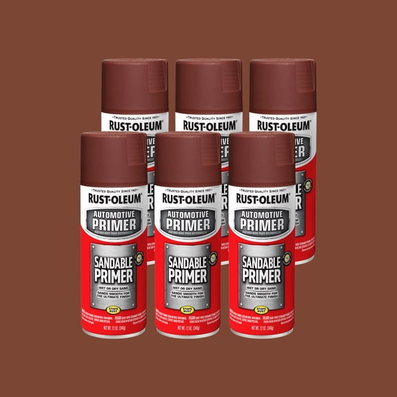 6 Pack, Red, Rust-Oleum Automotive Flat Sandable Primer Spray-249419, 12 oz
