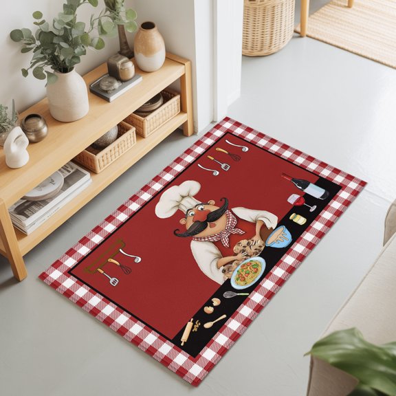 Red Rustic Chefs 2'x3' Rug for Entryway Front Door Kitchen Sink Area, Cooking Food Wine Whimsical Kitchen Low Pile Washable Non Slip Rectangle Area Rug