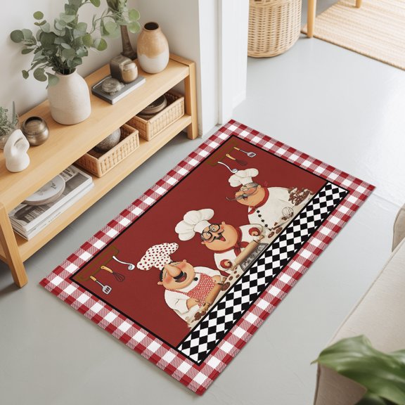 Red Rustic Chefs 2'x3' Rug for Entryway Front Door Kitchen Sink Area, Cooking Food Whimsical Kitchen Low Pile Washable Non Slip Rectangle Area Rug