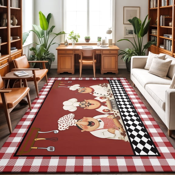 Red Rustic Chefs 8'x10' Large Area Rug for Living Room Sectional Sofa, Cooking Food Whimsical Kitchen Washable Non Slip Low Pile Rectangle Area Rug