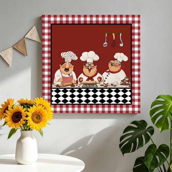 Red Rustic Chefs Canvas Wall Art, Cooking Food Whimsical Kitchen Framed Canvas Wall Decor Picture Print Artwork Decorations for Living Room Office Ready to Hang 12" x 12"