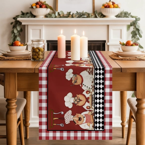 Red Rustic Chefs Dining Table Runner, Cooking Food Whimsical Kitchen Washable Table Runners Kitchen Coffee Table Center Decor for Home Party Holiday Wedding 13 x 60 Inches