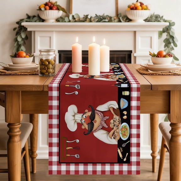 Red Rustic Chefs Dining Table Runner, Cooking Food Wine Whimsical Kitchen Washable Table Runners Kitchen Coffee Table Center Decor for Home Party Holiday Wedding 13 x 72 Inches