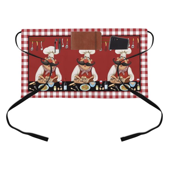 Red Rustic Chefs Kitchen Restaurant Half Waist Apron, Cooking Food Wine Whimsical Kitchen Server Short Apron with 3 Pockets Waterproof Oil Waist Aprons for Women Waitress Waiter