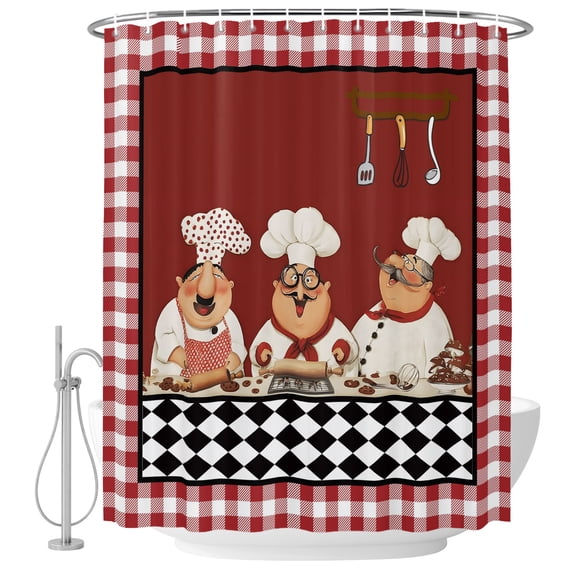 Red Rustic Chefs Shower Curtain for Bathroom, Cooking Food Whimsical Kitchen Waterproof Machine Washable Shower Curtain Set with Hooks, Bath Decoration for Home Bathtub Stall 72"x78"