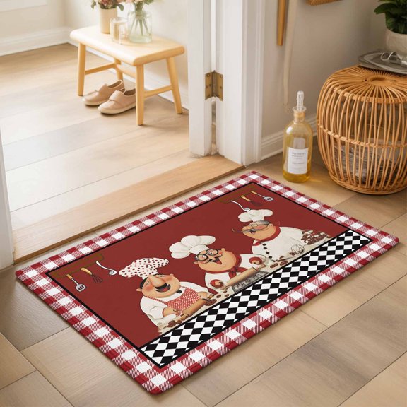 Red Rustic Chefs Washable Small Entryway Area Rugs 2'x3', Cooking Food Whimsical Kitchen Washable Throw Rug Non-Slip Sturdy Edge Binding Carpet for Front Door Floor Room Entry