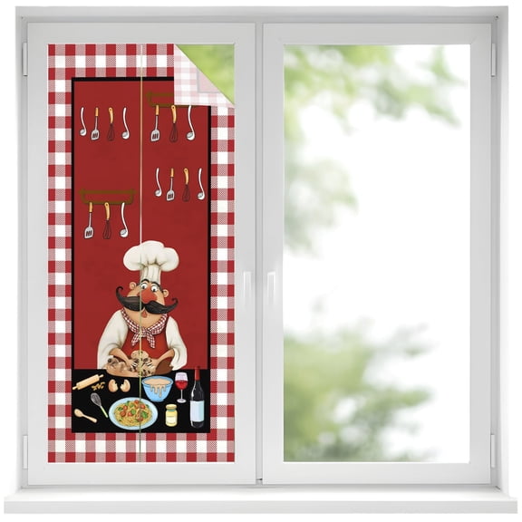 Red Rustic Chefs Window Privacy Film, Cooking Food Wine Whimsical Kitchen Frosted Glass Window Clings Static Cling UV Heat Blocking Reusable Door Sticker for Bathroom 17.7 x 39.3 Inch