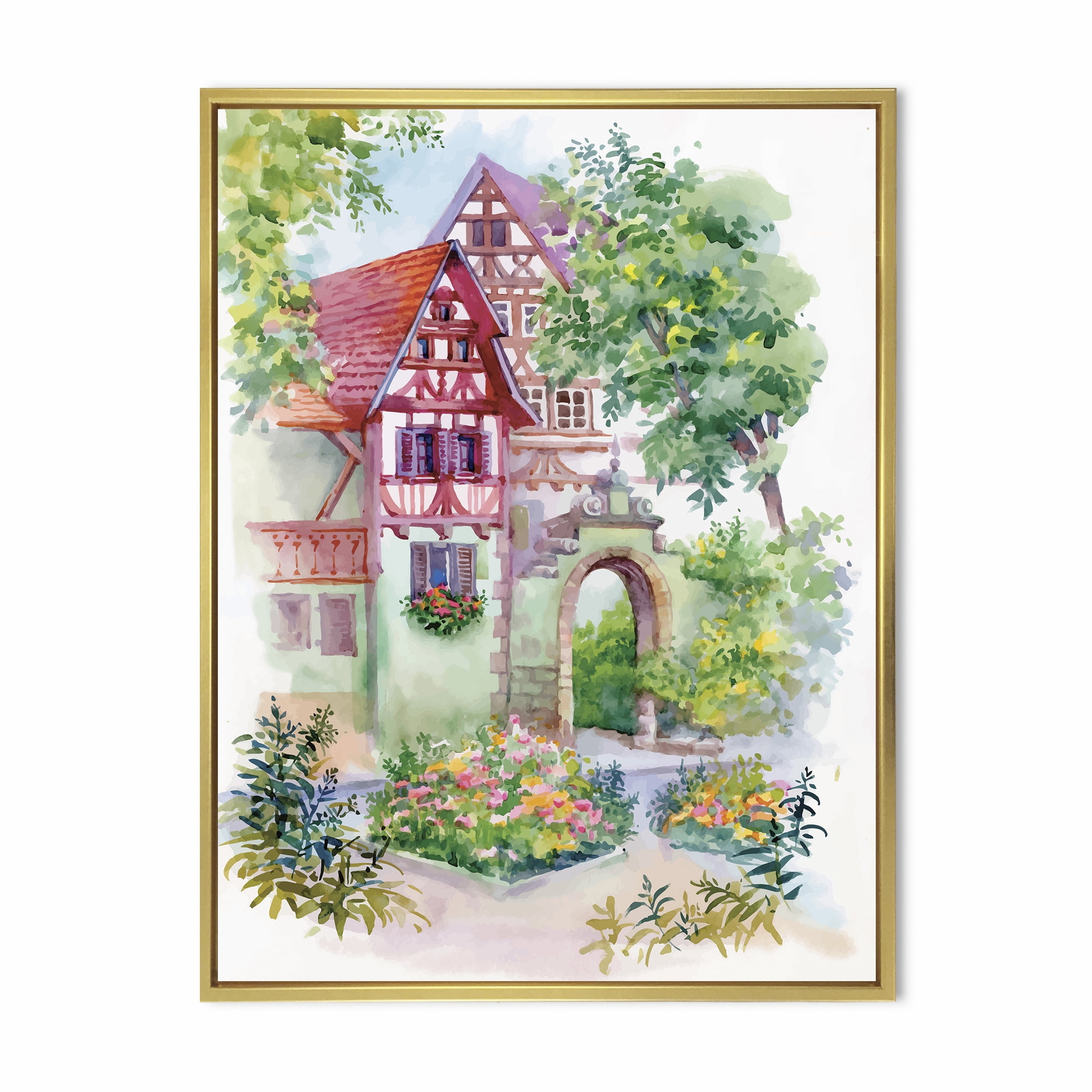 Red Rustic House In The Country Side Landscape 12 in x 20 in Framed Painting Canvas Art Print, by Designart