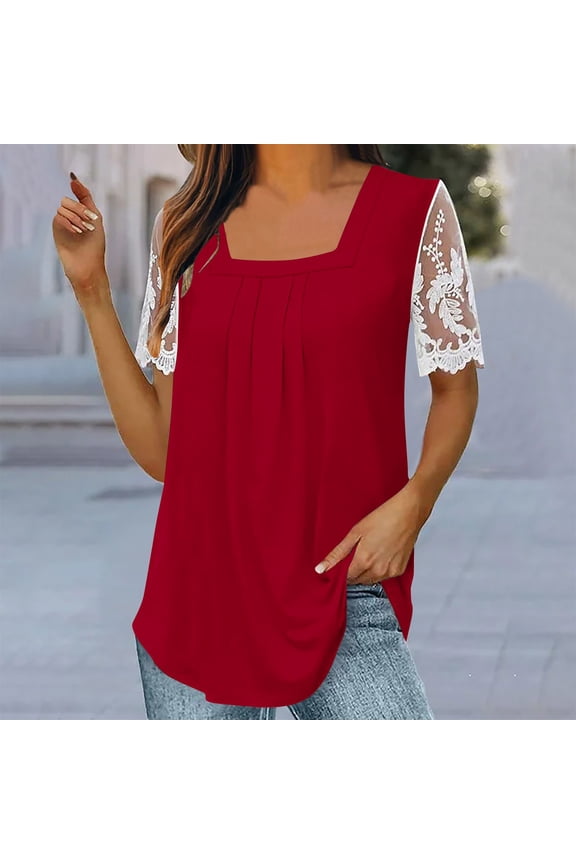 Red S WIZUTIZ Going Out Tops for Women Sales Plus Size Tunics Casual Tee Short Sleeve Loose Fit Round Neck Tshirts Athletic Solid Oversize Tops Cotton Linen Linen Blouse Elegant Ladies Tshi