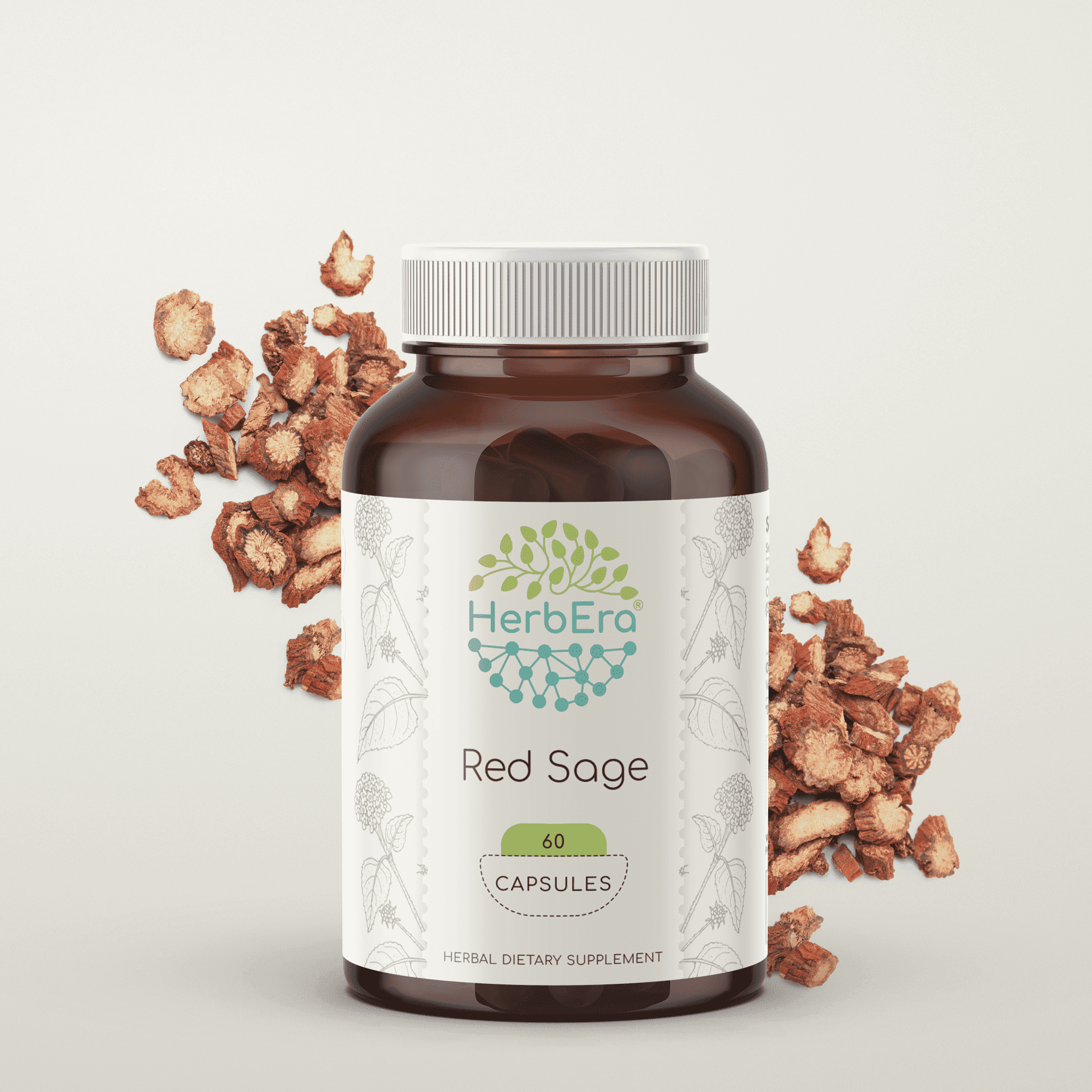 HerbEra Red Sage Capsules, Herbal Dietary Supplement for Cognitive Support, Red Sage (Dan Shen, Salvia Miltiorrhiza) Dried Root Capsules, Natural, 60 Capsules