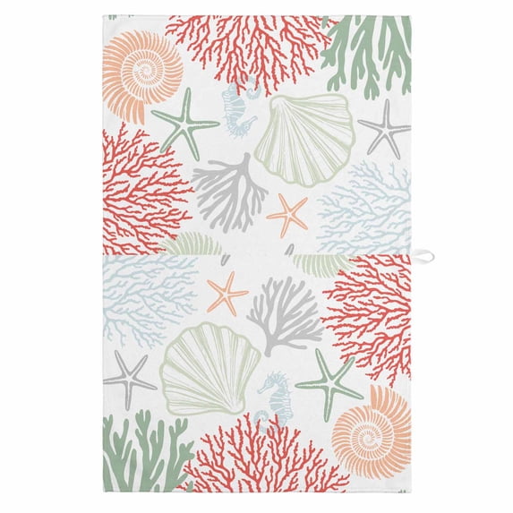 Red Sage Green Coastal 1 Pack Kitchen Towel, Water Absorbent Dish Towel, Summer Beach Coral Shell Starfish Decorative Hand Towels - Quick Drying Cloth for Cooking Baking, 18x28 Inch