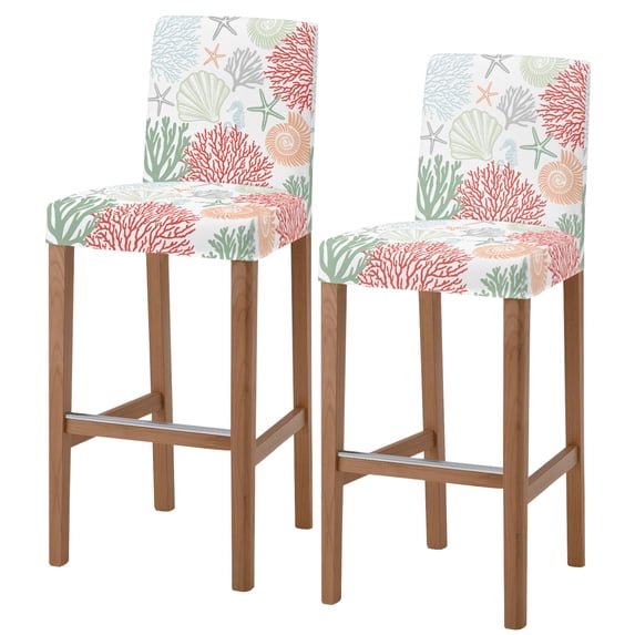Red Sage Green Coastal Bar Stool Cover Set of 2, Summer Beach Coral Shell Ocean Stretch Bar Chair Cover, Removable Washable Pub Counter Stool Chair Slipcover for Kitchen Dining Room Pub Cafe