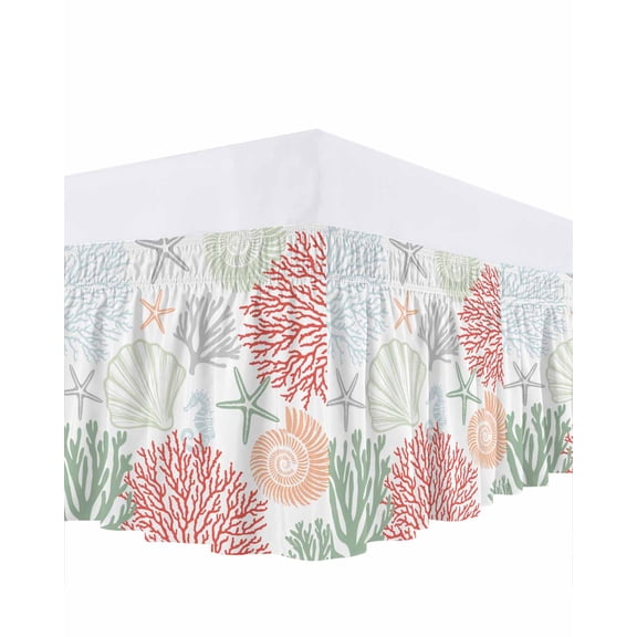 Red Sage Green Coastal Bed Skirt King Size, Summer Beach Coral Shell Starfish Wrap Around Bed Skirting with Adjustable Elastic Strap, Dust Ruffle Pleated Bedskirts 16 Inch Drop for Bedroom King Beds