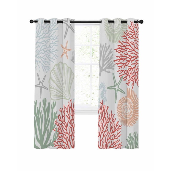 Red Sage Green Coastal Blackout Curtain 45 Inch Length 2 Panels Set, Summer Beach Coral Shell Starfish Two-layer Sewing Polyester Fiber Blackout Curtain with Grommet, 42" x 45" x 2
