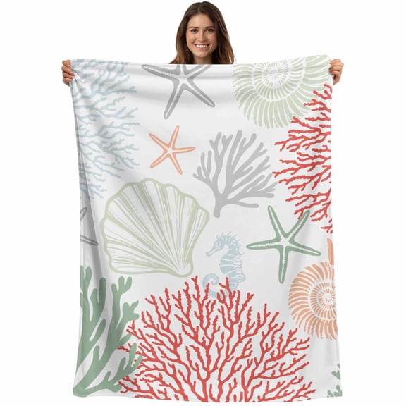 Red Sage Green Coastal Blanket Soft Cozy Warm Throw Blanket for Couch, Plush Fuzzy Flannel Fleece Blankets for Sofa, Summer Beach Coral Shell Starfish Bed Blankets Lightweight Gifts for Men, 40"x60"