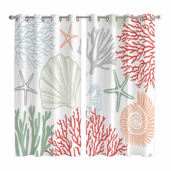 Red Sage Green Coastal Kitchen Curtains 63 Inch Length, Summer Beach Coral Shell Starfish Grommet Top Bedroom Living Room Curtains, Light Filtering Cafe Curtain Drapes 2 Panels Set 84''x63''