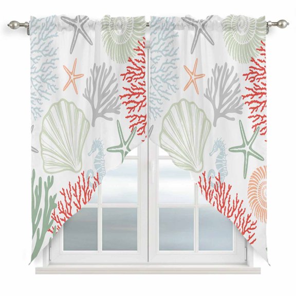 Red Sage Green Coastal Kitchen Window Curtains, Swag Curtains Valance for Bedroom Living Room Bathroom, Summer Beach Coral Shell Starfish Rod Pocket Window Curtain Block Drapes 2 Panels 36"x45"