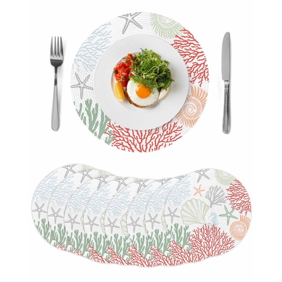 Red Sage Green Coastal Round 15 Inch Placemats Set of 8, Summer Beach Coral Shell Starfish HeatResistant Non Slip Place Mats for Dining Table, Wipeable Braided Kitchen Table Mats for Housewarming