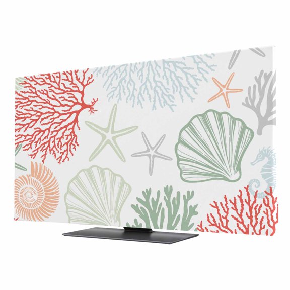Red Sage Green Coastal TV Cover for 24 Inch Screen,Stretch Fabric Dustproof TV Display Protector,Summer Beach Coral Shell Starfish Elastic Slipcover Monitor Cover for Indoor Computer 20.9"x11.8"