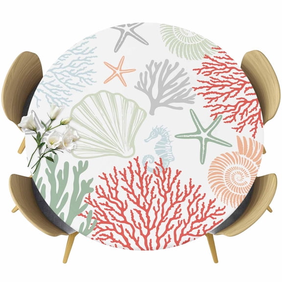 Red Sage Green Coastal Table Cloth, Round Fitted Tablecloths with Elastic Edge, Summer Beach Coral Shell Starfish Wipeable Waterproof Table Cover for Kitchen Wedding 36-44 Inches