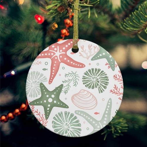 Red Sage Green Starfish Coastal Ceramic Ornaments, Beach Nautical Coral Sea Round Porcelain Hanging Ornaments with Gold String, Xmas Decorations Keepsake Gifts for Holiday Home Party 3''