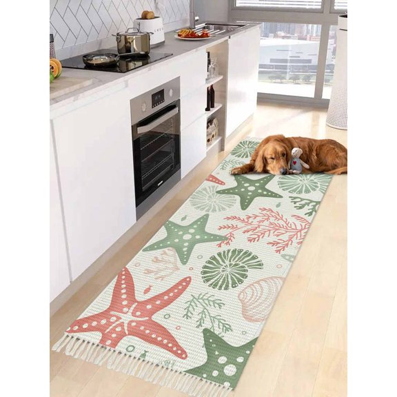 Red Sage Green Starfish Coastal Entryway Runner Rug 2x4ft,Beach Nautical Coral Sea Washable Woven Living Room Hallway Bedroom Kitchen Carpet with Tassels,Indoor Outdoor Throw Door Mat for Entryway