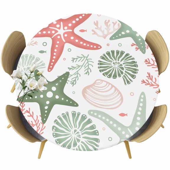 Red Sage Green Starfish Coastal Round Tablecloth 55-60 Inch Round Fitted Table Cloth with Elastic Edge, Beach Nautical Coral Sea Waterproof Table Cover Protector for Outdoor Picnic Party Dining