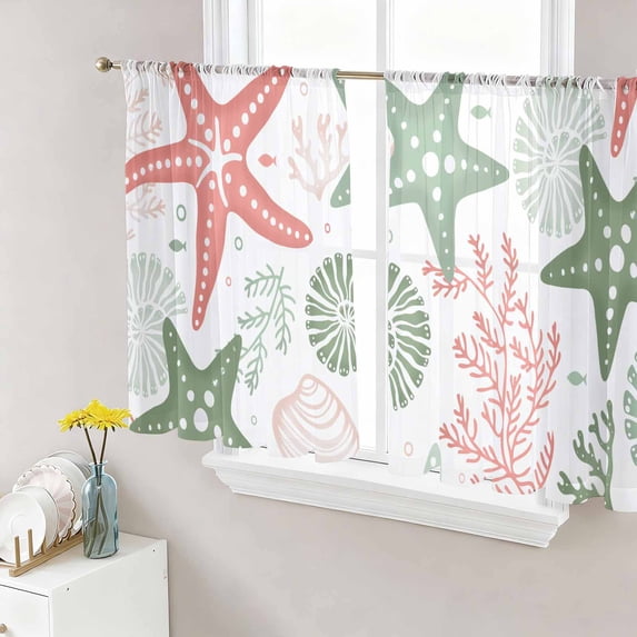 Red Sage Green Starfish Coastal Semi Sheer Window Curtains 54 Inches Long, Beach Nautical Coral Sea Rod Pocket Voile Silky Chiffon Curtain Light Filtering Drapes for Living Room, 52"x54", 2 Panels