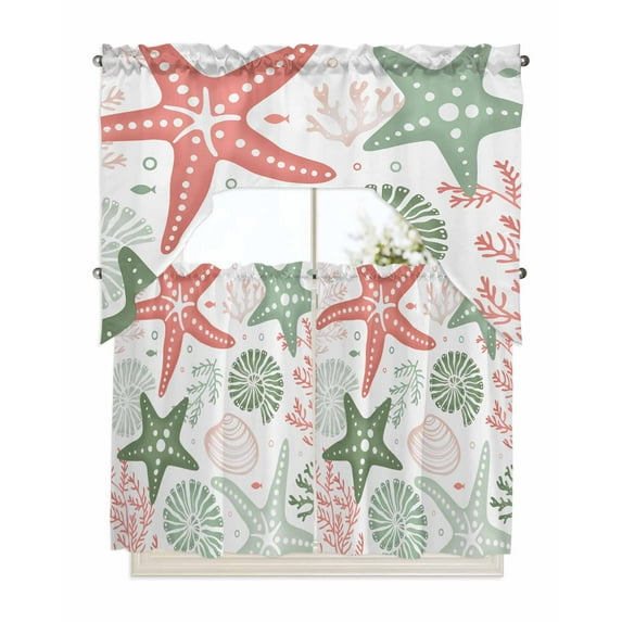 Red Sage Green Starfish Coastal Swag Valance and Tier Curtains 36'' Length Set, Beach Nautical Coral Sea Light Filtering Kitchen Curtains, Tier Curtain Valances for Bathroom/Living Room/Bedroom/Café