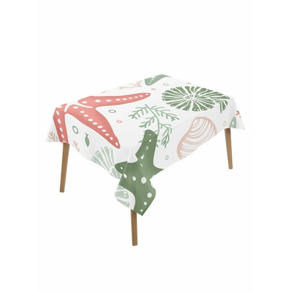 Red Sage Green Starfish Coastal Table Cloth, Beach Nautical Coral Sea Waterproof Tablecloth for Rectangle Tables, Reusable Washable Fabric Table Cover for Restaurant Kitchen Dining Tables 60"x102"