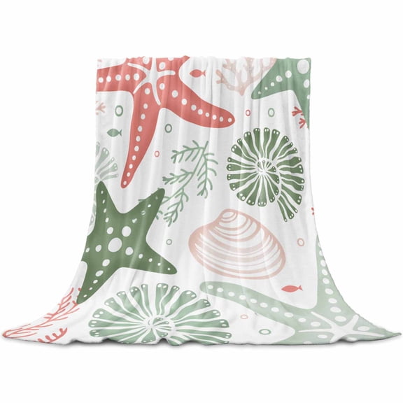 Red Sage Green Starfish Coastal Throw Blanket for Couch, Soft Lightweight Flannel Fleece Blanket, Beach Nautical Coral Sea Microfiber Plush All Season Decorative Blankets Gifts for Sofa Bed 50"x80"