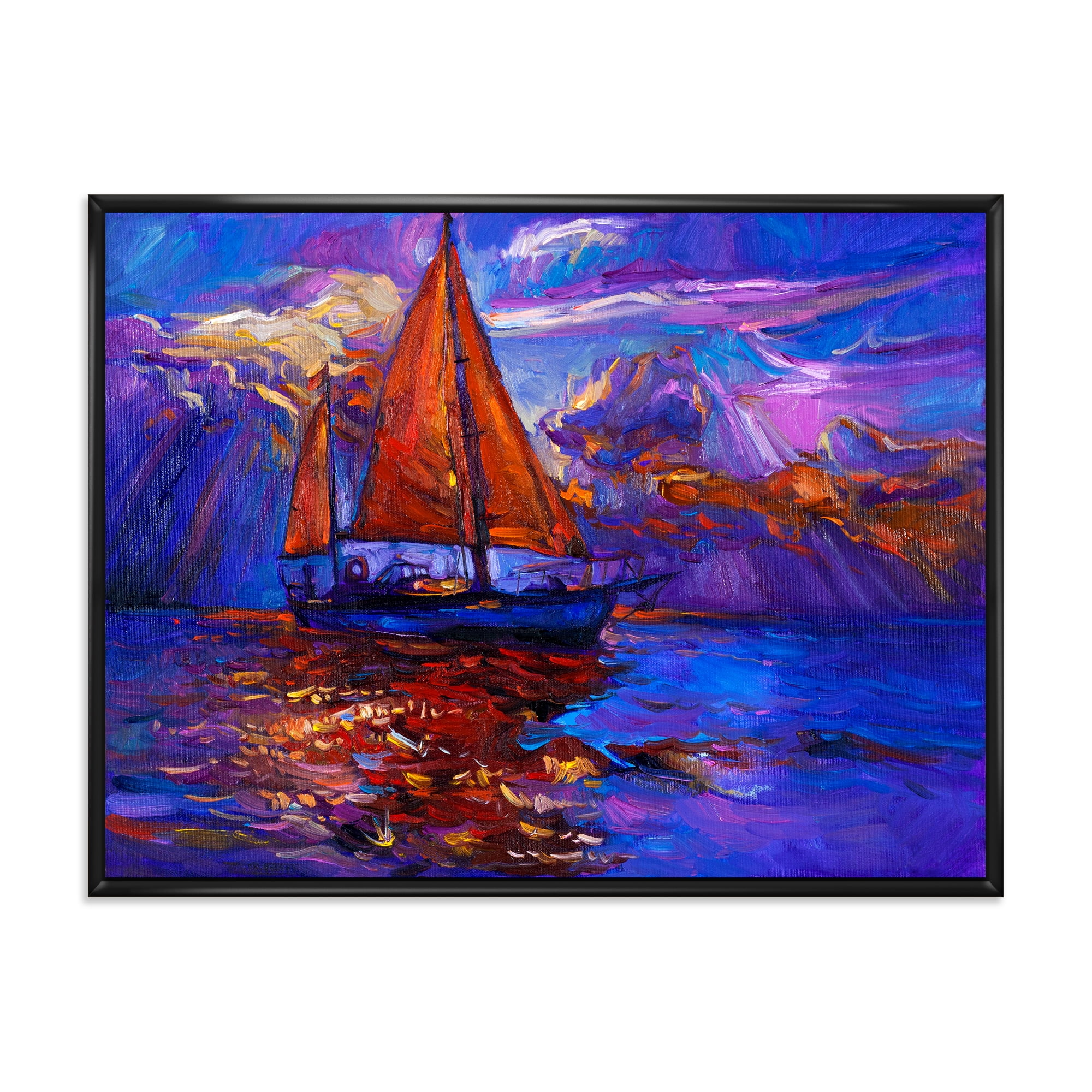 Red Sail Ship On Purple Sunset in Blue Ocean 40 in x 30 in Framed Painting Canvas Art Print, by Designart