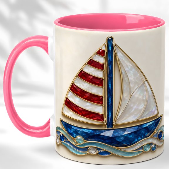 Red Sailboat Coffee Mug, Coastal Boat Mug, Ceramic 11 oz