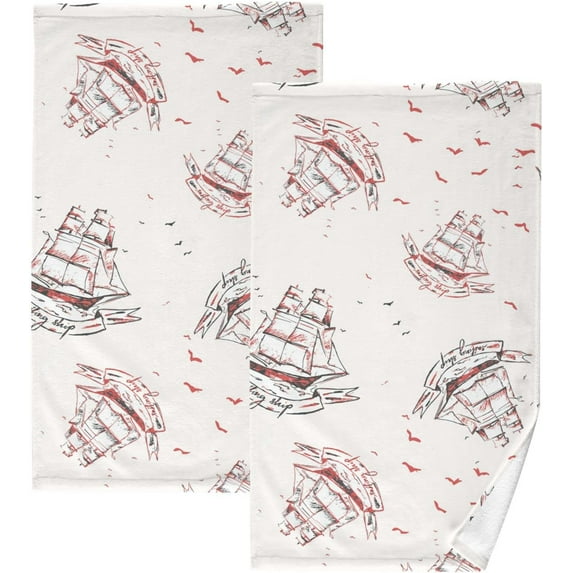Red Sailboat Seagull Towels Set of 2, Super Soft Absorbent Hand Towel Washcloth Bath Towels for Bathroom Hotel Kitchen Spa Gym 16 X 28 Inches