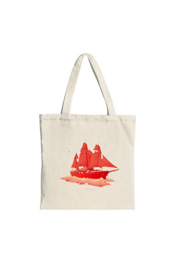 Red Sailing Ship Canvas Tote Bag with Three Masts & Orange Stars - Stylish Multifunctional Reusable Bag for Shopping & Travel