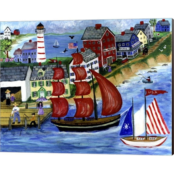 Red Sails Folk Art Seaside by Cheryl Bartley, Canvas Wall Art, 20W x 16H