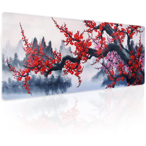 Red Sakura Branch Gaming Mouse Pad XL Japanese Cherry Blossom Watercolor Extended Desk Mat 80X30 cm Non-Slip Rubber Base Stitched Edge Large Playmat for Keyboard Laptop Computer Desktop,31.5×11.8 in