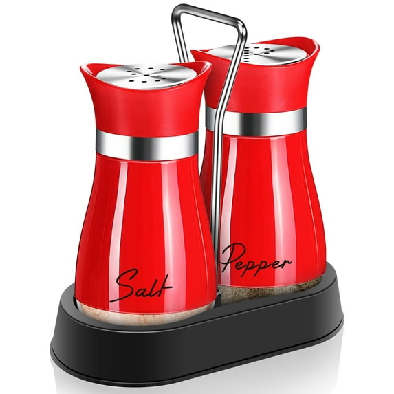 Red Salt and Pepper Shakers Set with Holder,4 oz Cute Christmas ktichen Decor and Accessories Theme Set Home Essentials Housewarming Gifts Refillable Design (Red)