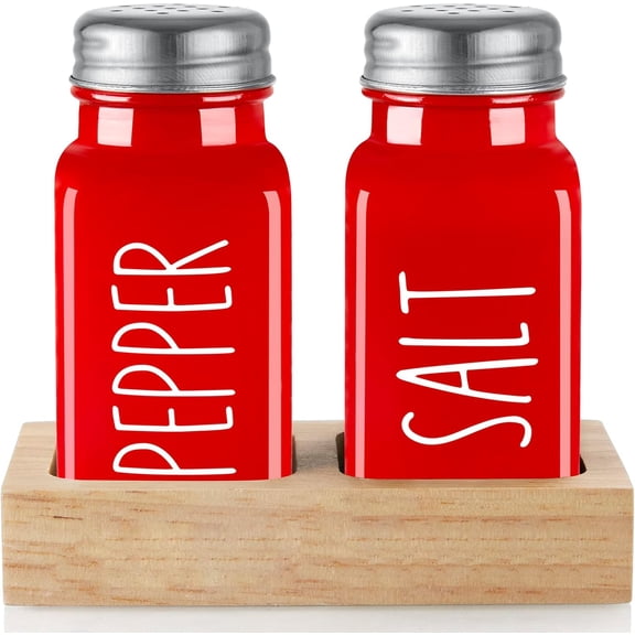 Red Salt and Pepper Shakers Set with Holder - General Glass Salt Shaker with Wood Tray for Kitchen Counter - Red Kitchen Decor and Accessories - for Christmas Kitchen Housewarming Gift - 2.7 oz