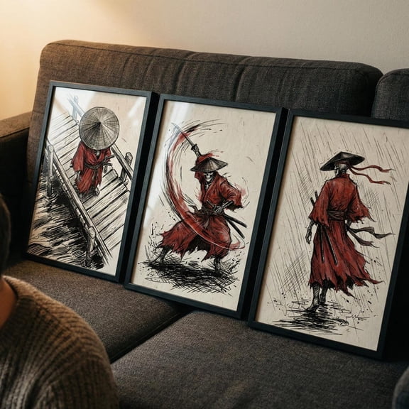 Red Samurai Wall Art Ronin Ink Sketch Japanese Bushido Samurai in Rain Set 3 Stretched Canvas 16x24