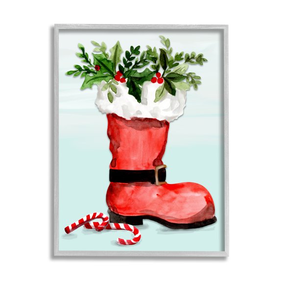 Red Santa Boot Holly Botanical Bouquet Candy Canes Botanical & Floral Painting Framed Art Print Wall Art