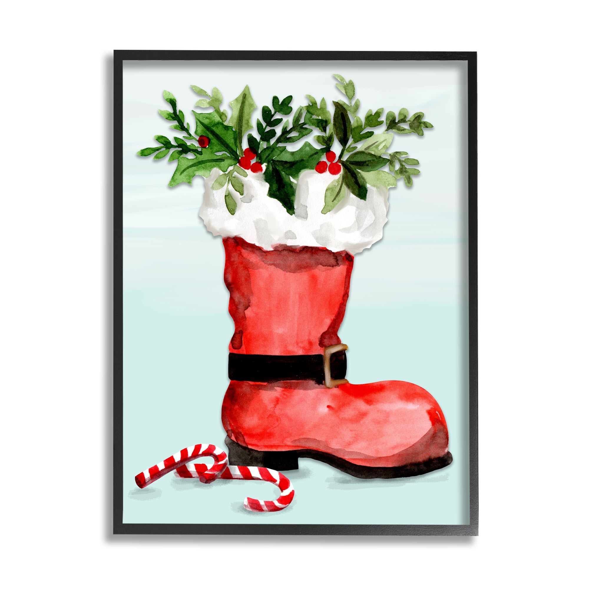 Red Santa Boot Holly Botanical Bouquet Candy Canes Botanical & Floral Painting Framed Art Print Wall Art