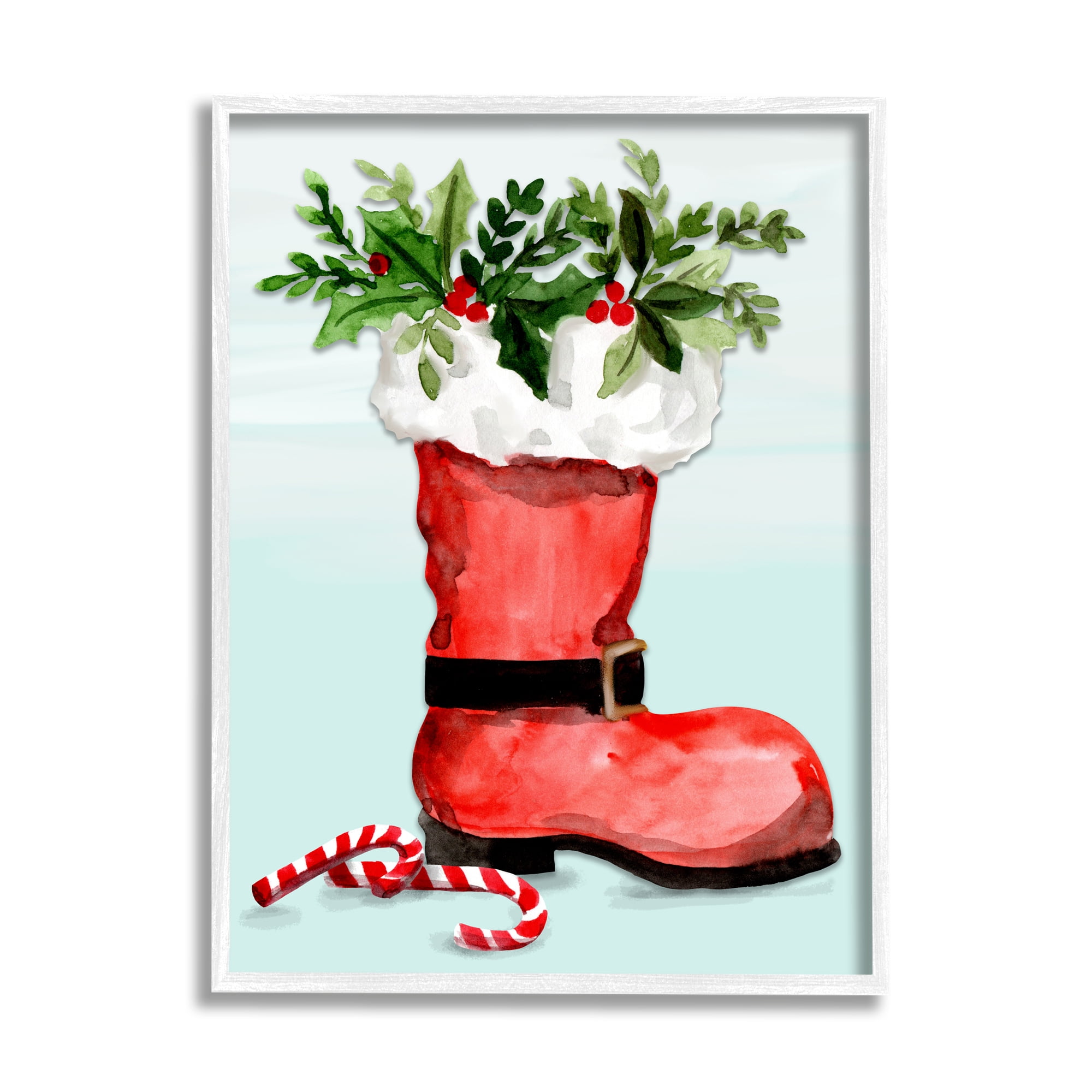 Red Santa Boot Holly Botanical Bouquet Candy Canes Botanical & Floral Painting Framed Art Print Wall Art
