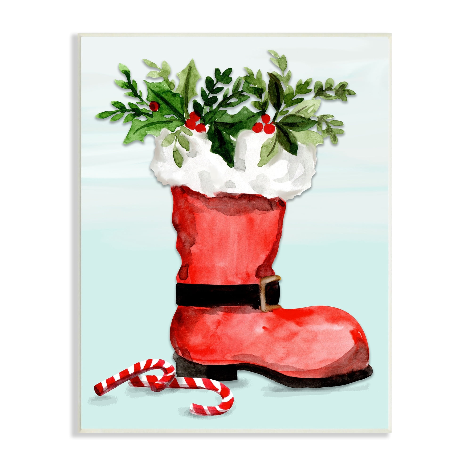 Red Santa Boot Holly Botanical Bouquet Candy Canes Botanical & Floral Painting Unframed Art Print Wall Art