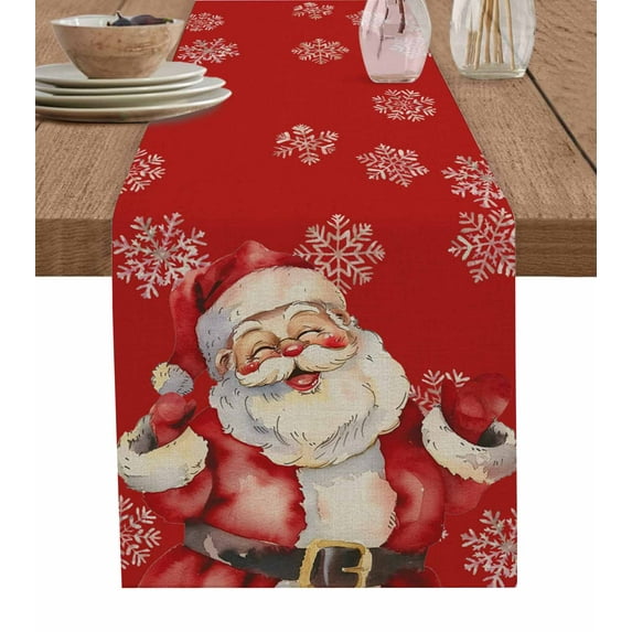 Red Santa Christmas Burlap-Cotton Table Runner 90 Inches Long,Xmas Snowflake Watercolor Vintage Farmhouse Table Runners,Outdoor Dining Tablecloths Decor for Baby Shower Party Wedding 13x90